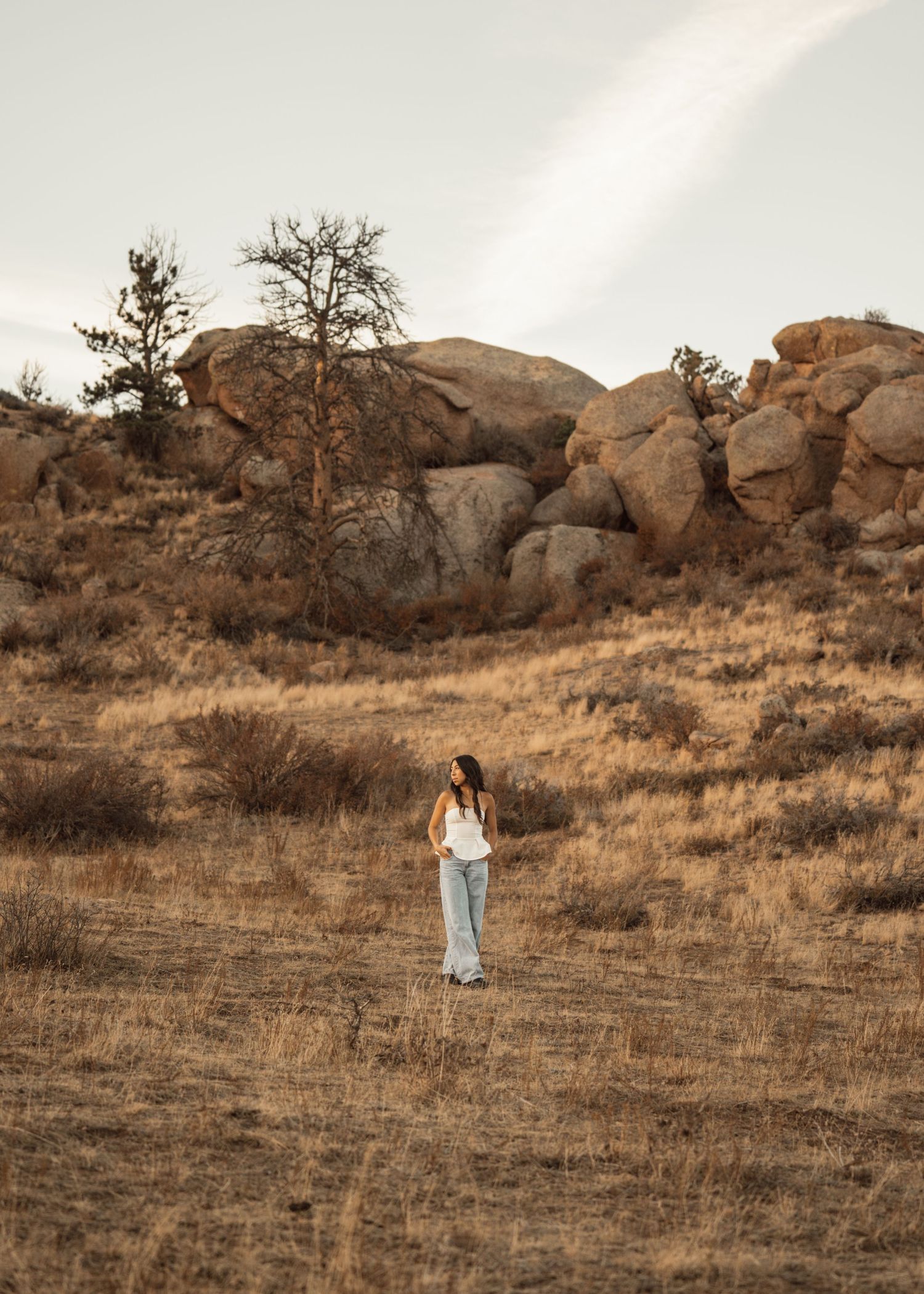 A scenic desert hillside with rock formations and dry grass at sunset.