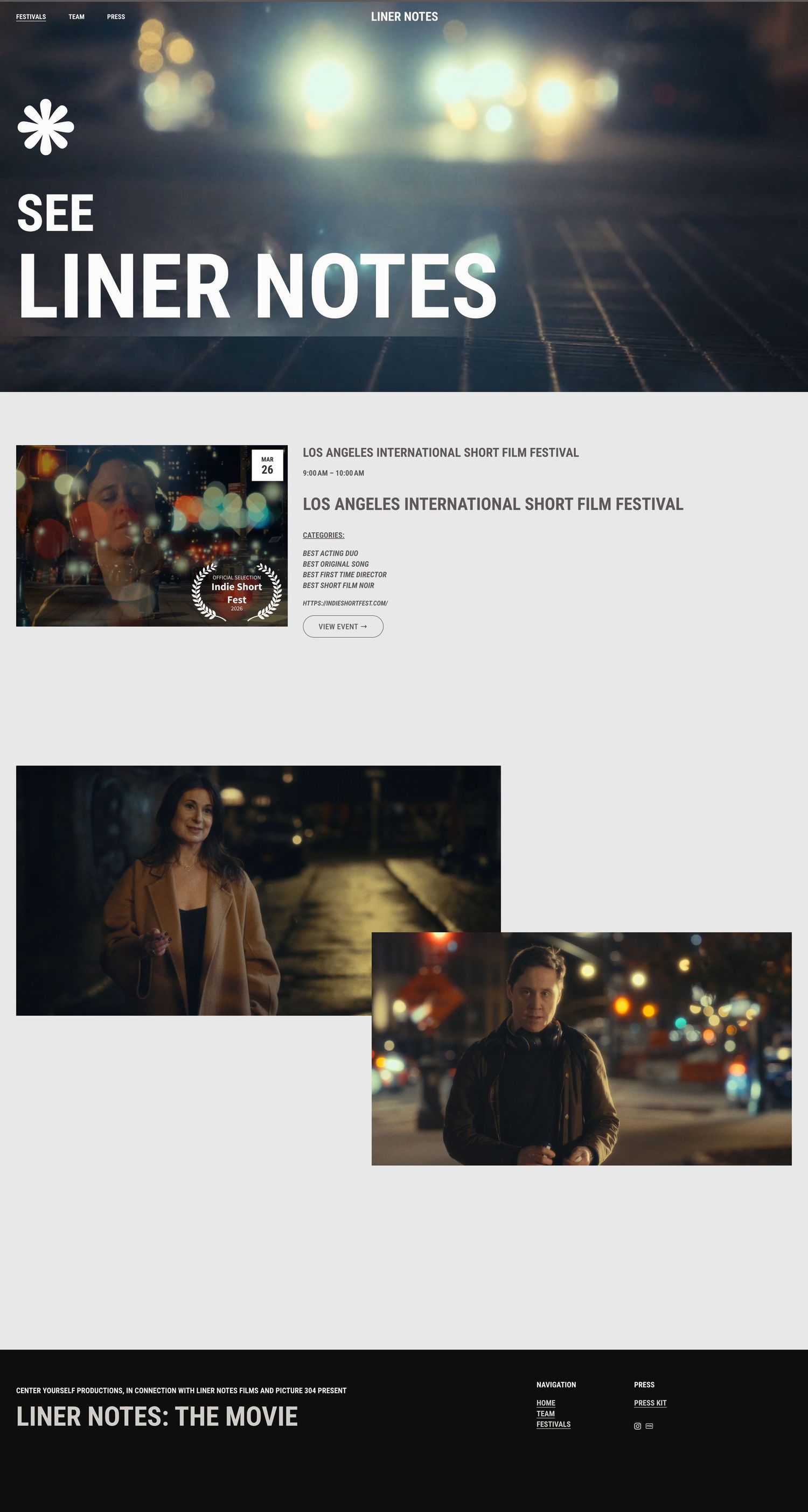 Liner Notes short film festival webpage featuring cinematic stills of actors on city streets at night.