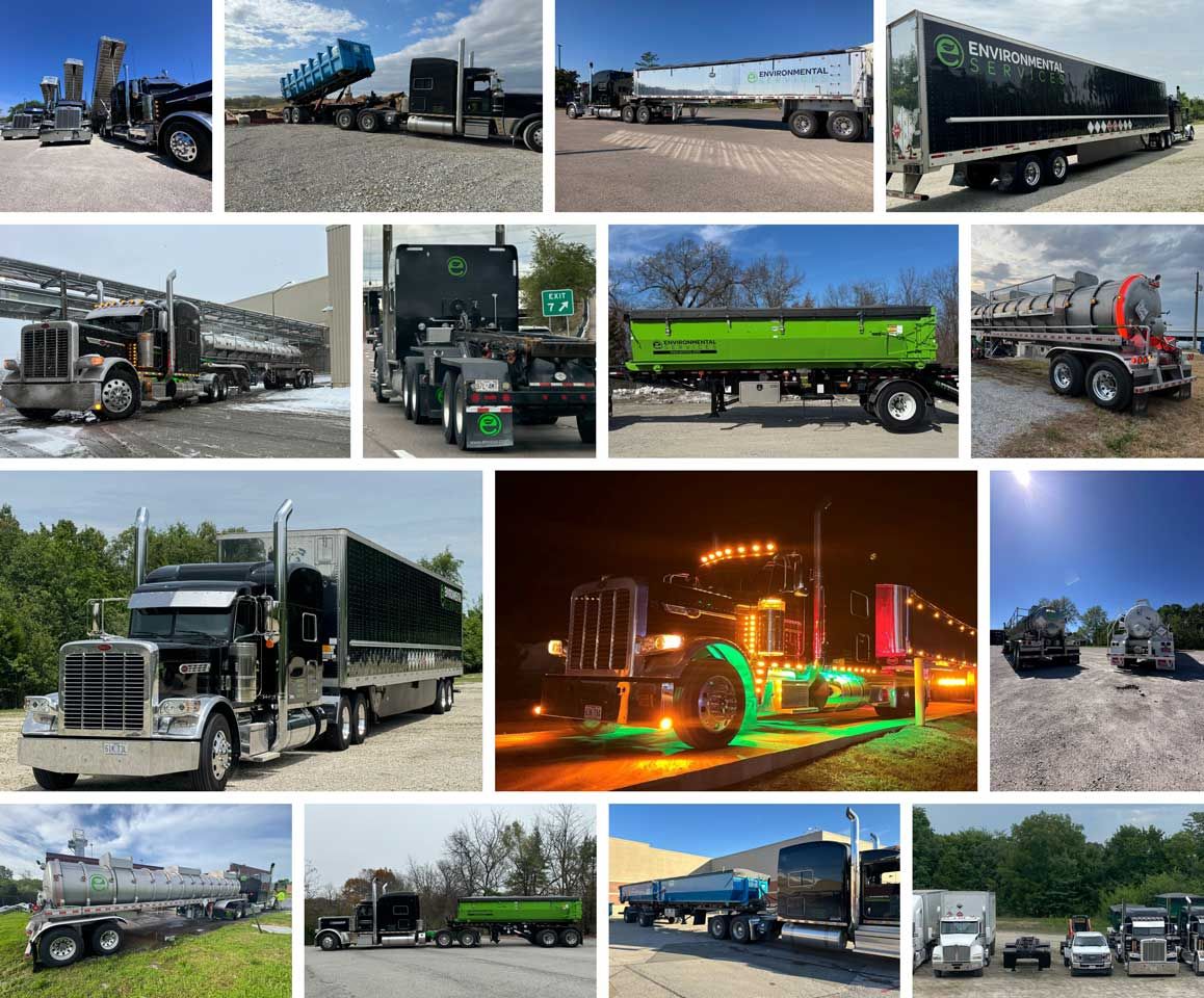 A collection of commercial trucks and trailers showcasing various black semi trucks, tankers, and freight vehicles in diverse settings.