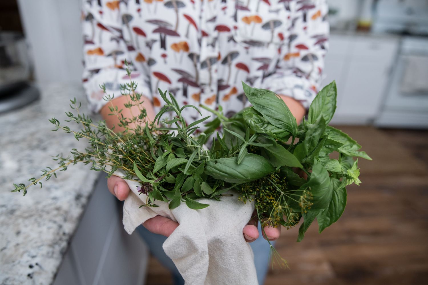 Fresh herbs and greens being held in a white cloth against a kitchen counter.