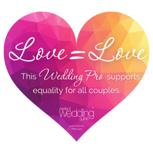 Heart-shaped logo with Love=Love text promoting wedding equality on pink and orange gradient background.