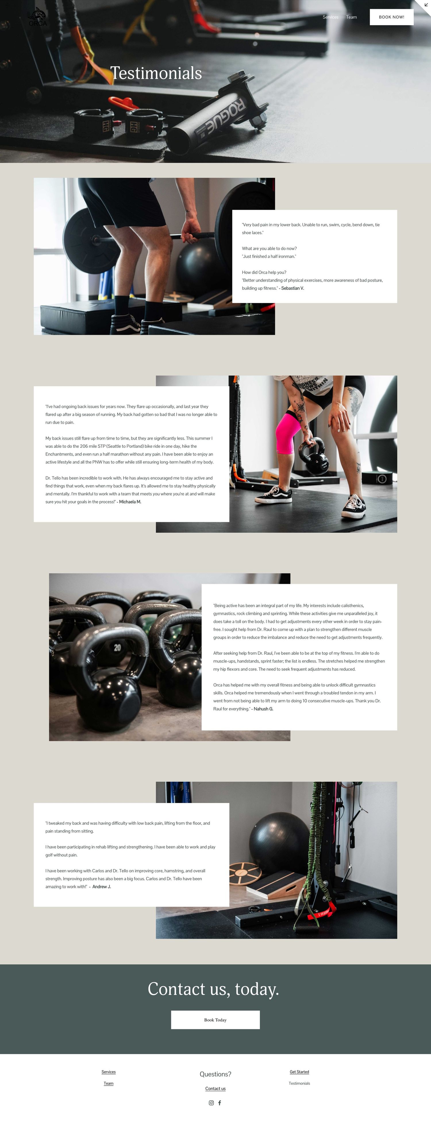 Fitness equipment and testimonials page showing kettlebells and workout gear in monochrome style.