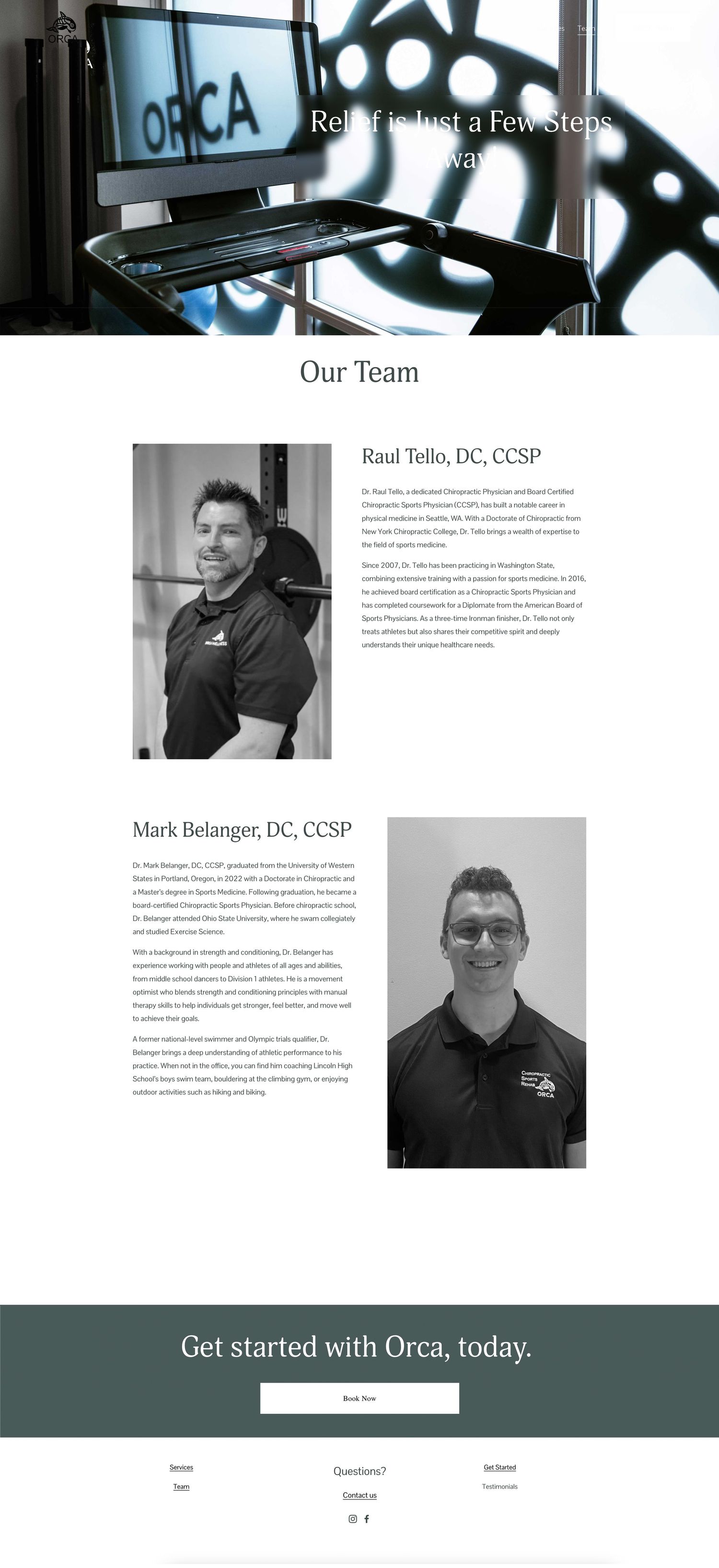 Professional gym facility website team page with Orca branding and dark background.