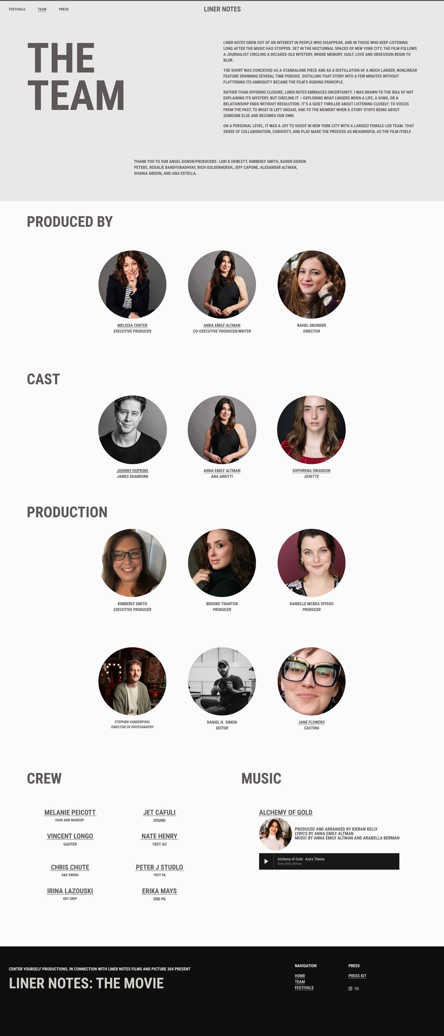 Liner Notes The Movie team page featuring cast, crew, and production members with circular profile photos.