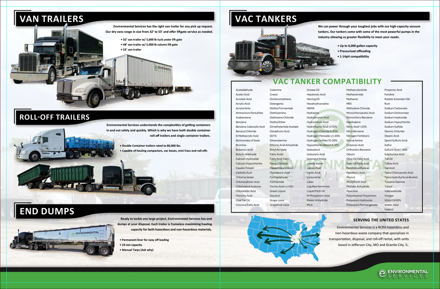 A commercial trucking brochure showcasing van trailers, vac tankers, roll-off trailers, and end dumps with compatibility map.