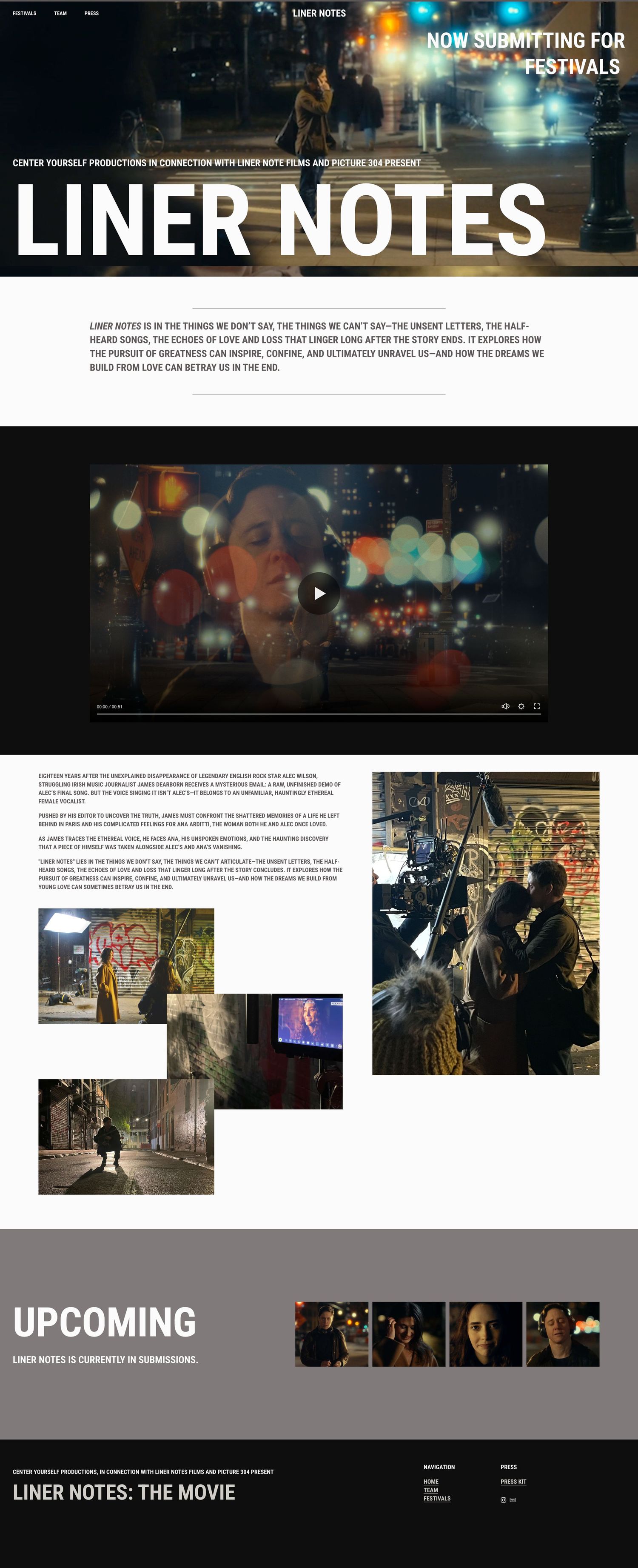 Liner Notes film website showcasing a dramatic movie about love and loss, currently submitting to festivals.