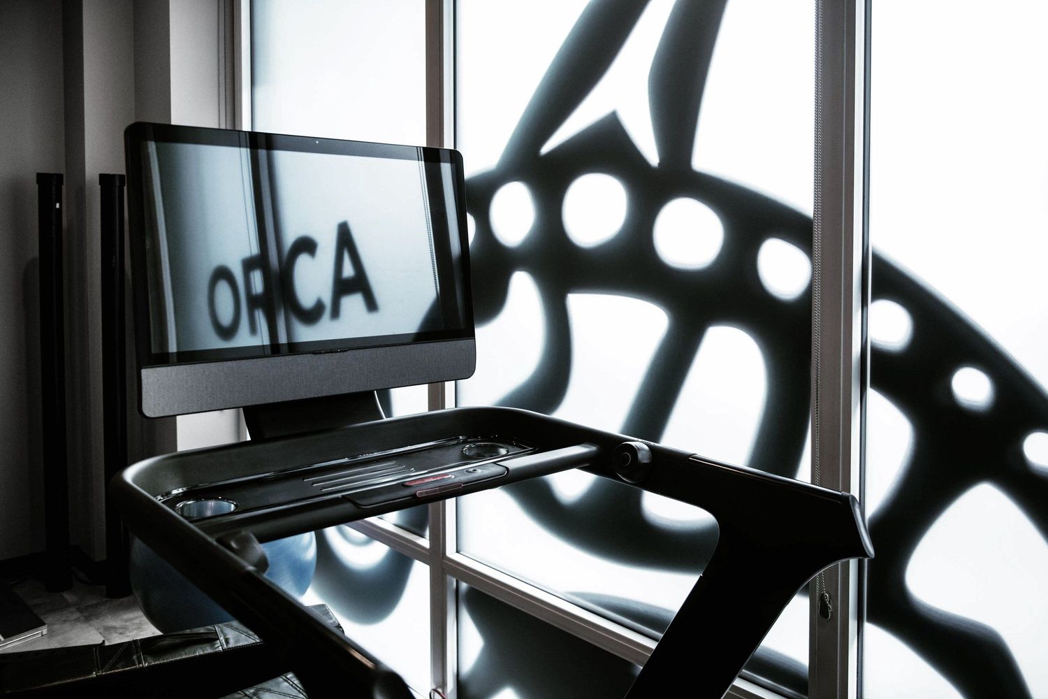 Computer monitor displaying ORCA logo with artistic shadow design.
