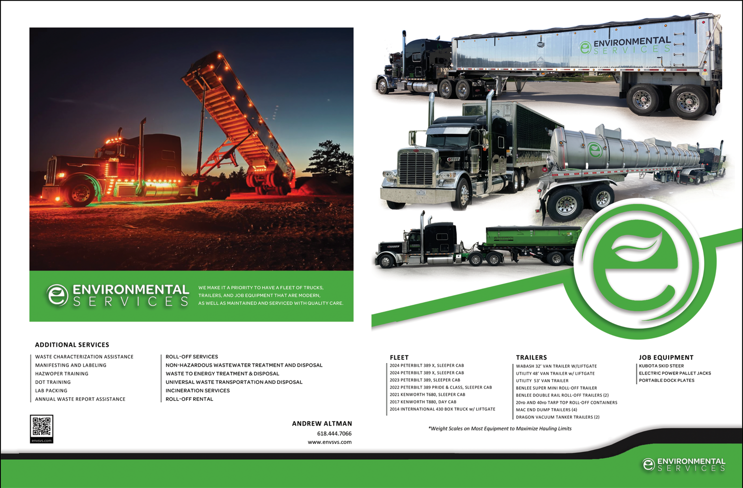 Environmental Services company advertisement featuring semi-trucks, flatbed trailers, and illuminated grain elevator at night.