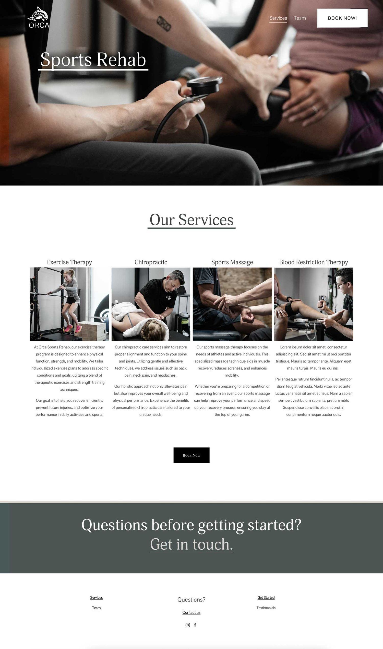 Sports rehab website design showcasing various physical therapy and rehabilitation services.