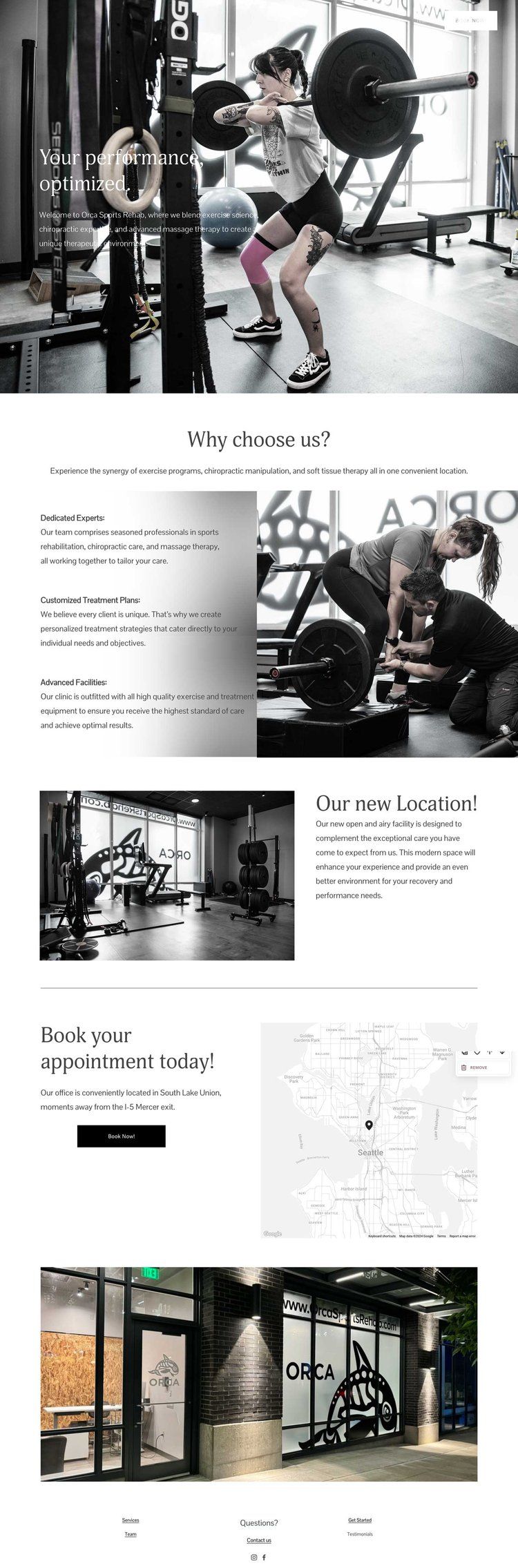 Fitness facility website design with workout imagery and location information.