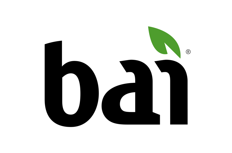 Stylized bai beverage logo in black with small green leaf accent.