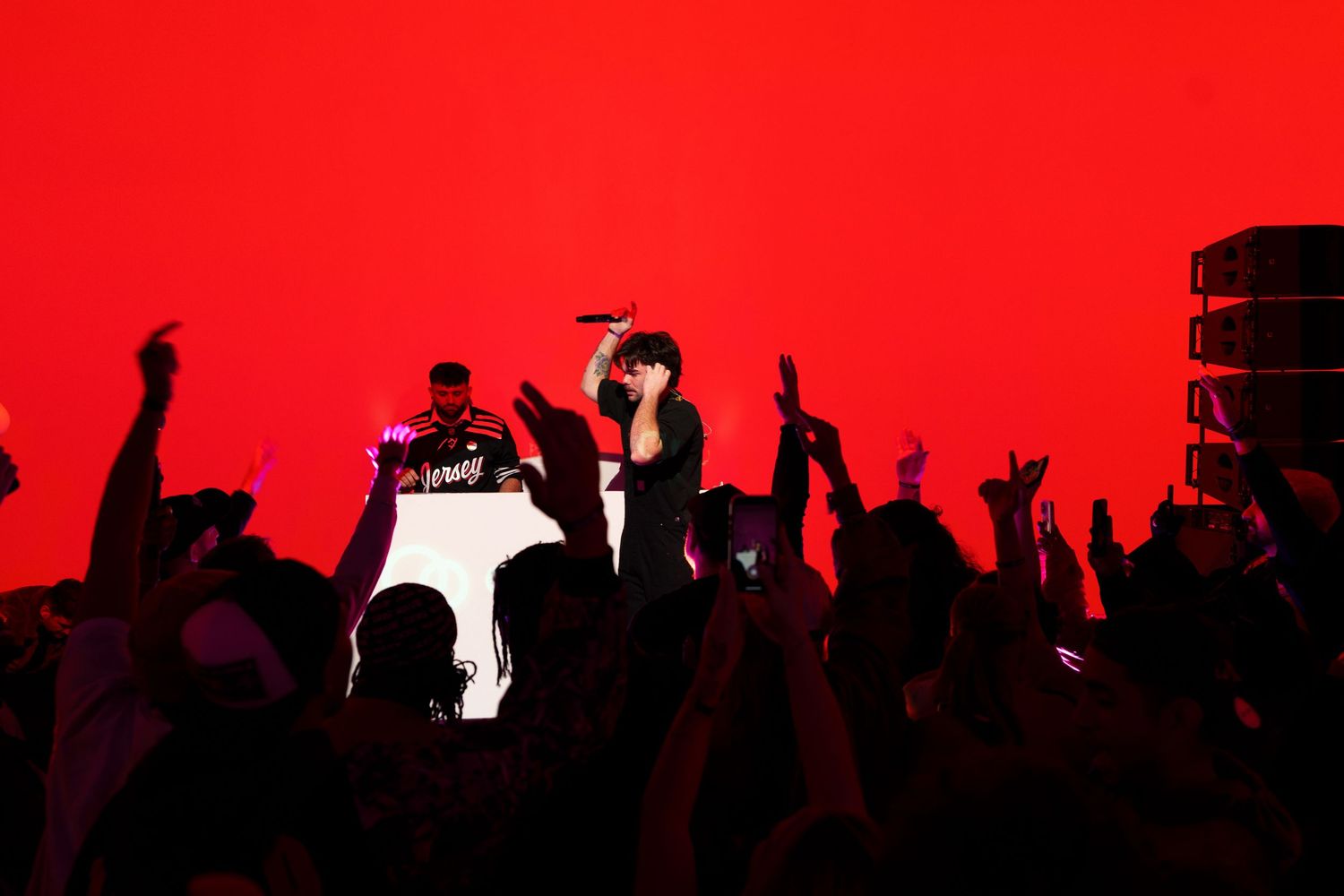 Concert crowd silhouettes with raised arms against bright red backdrop during live performance.