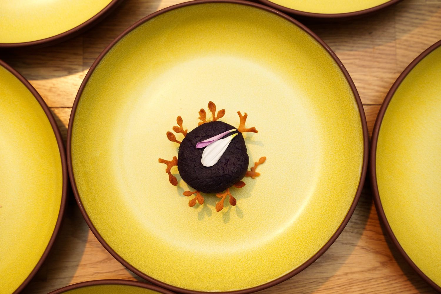 Yellow ceramic bowls arranged in a row on a wooden surface with dark centers creating a minimalist pattern.