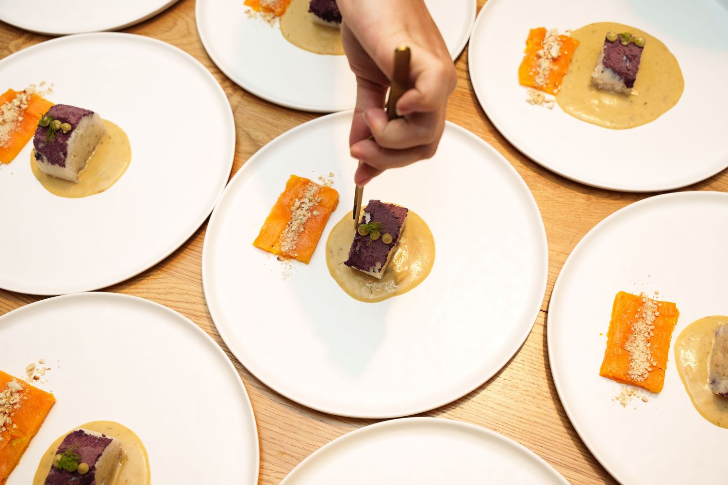 Multiple white plates arranged in rows display identical portions of seared salmon with garnish and sauce on a light surface.