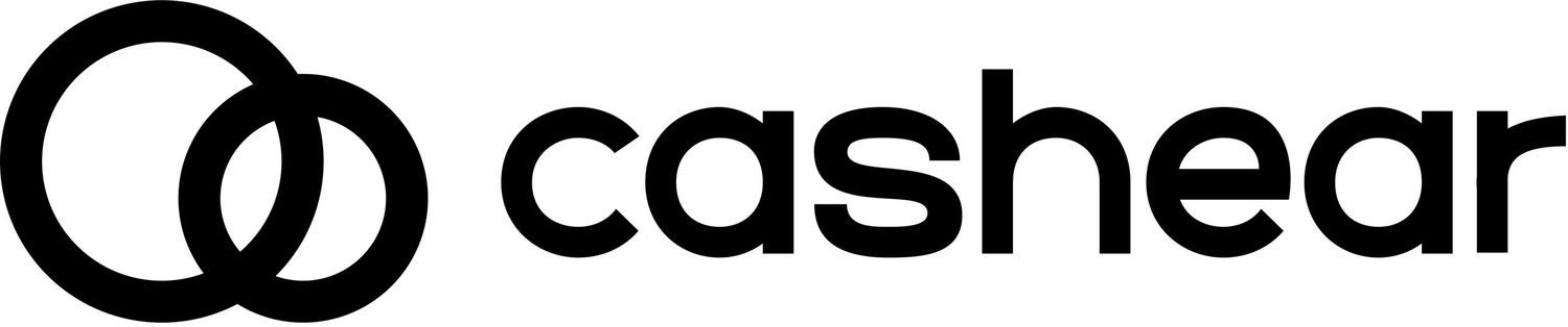 Black Cashear logo featuring two interlocking circles with wordmark in a modern sans-serif font.