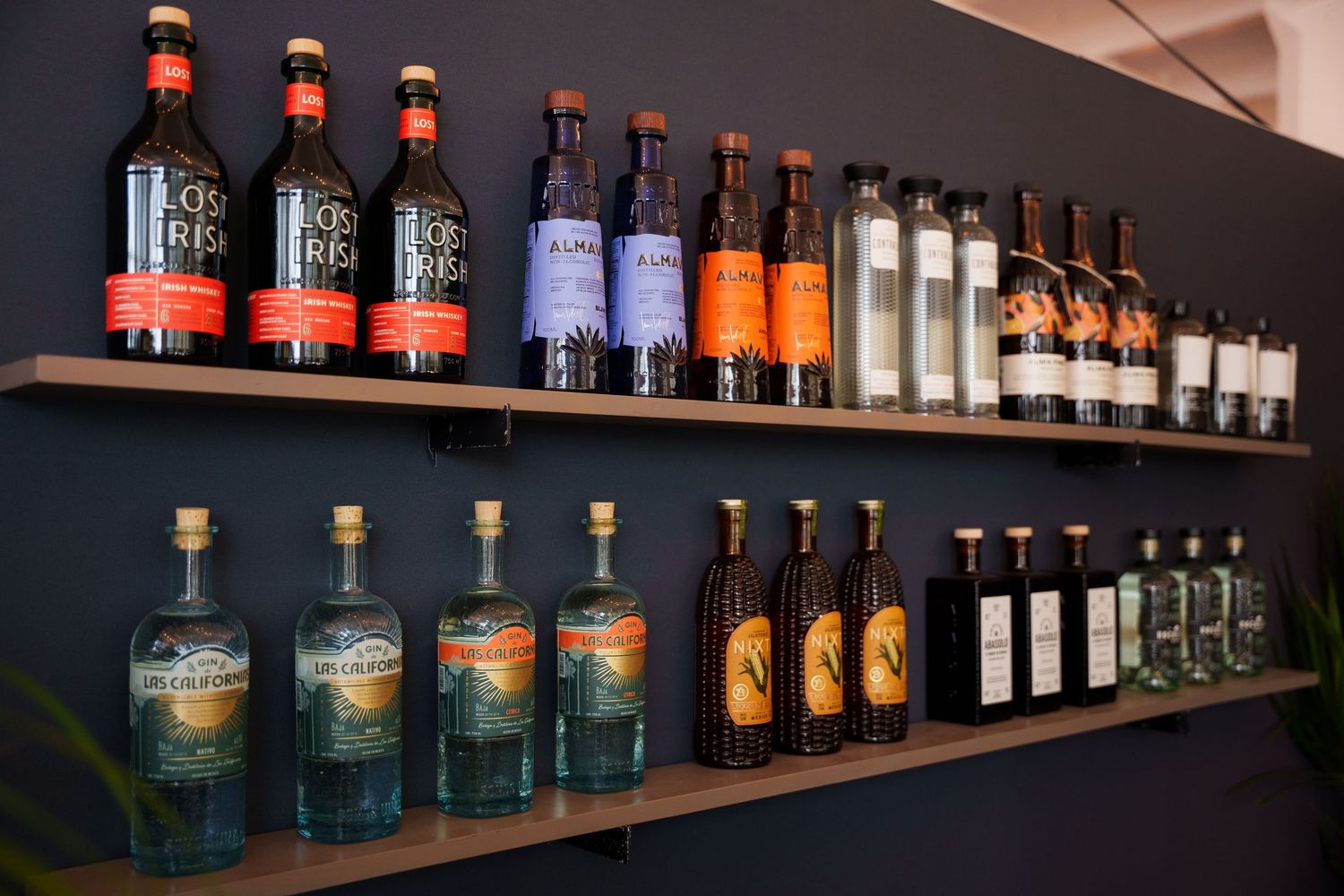 Rows of assorted liquor bottles displayed on wooden shelves against a dark wall.