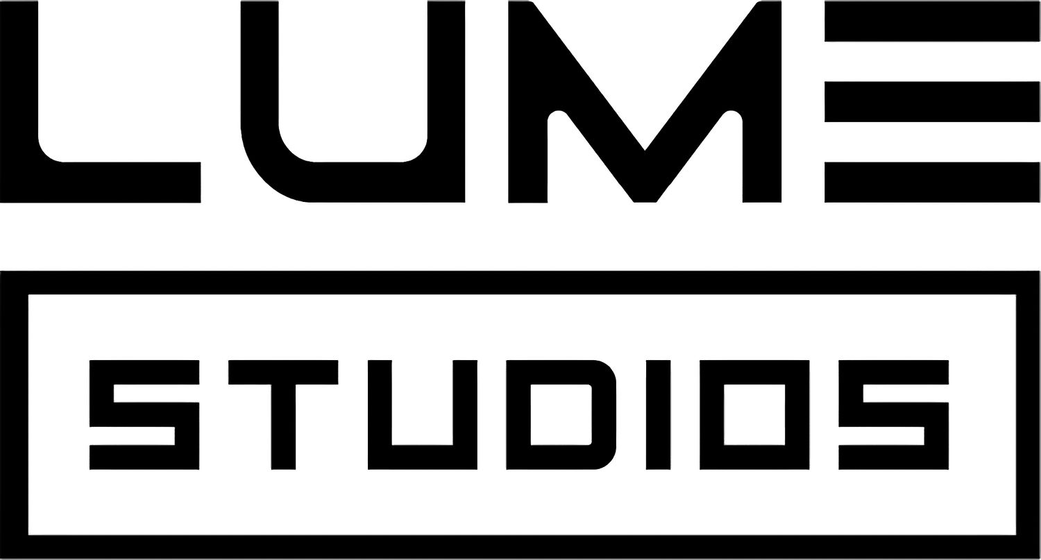 Black and white minimalist logo design for Lume Studios with bold geometric text.