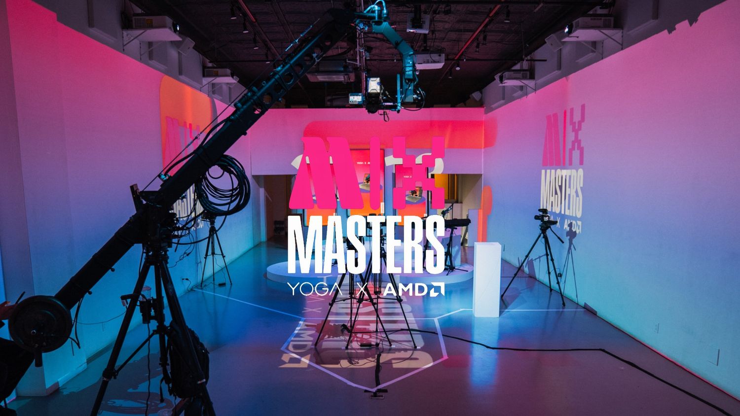 Studio setup with 'Masters' text display and professional filming equipment under colored lights.