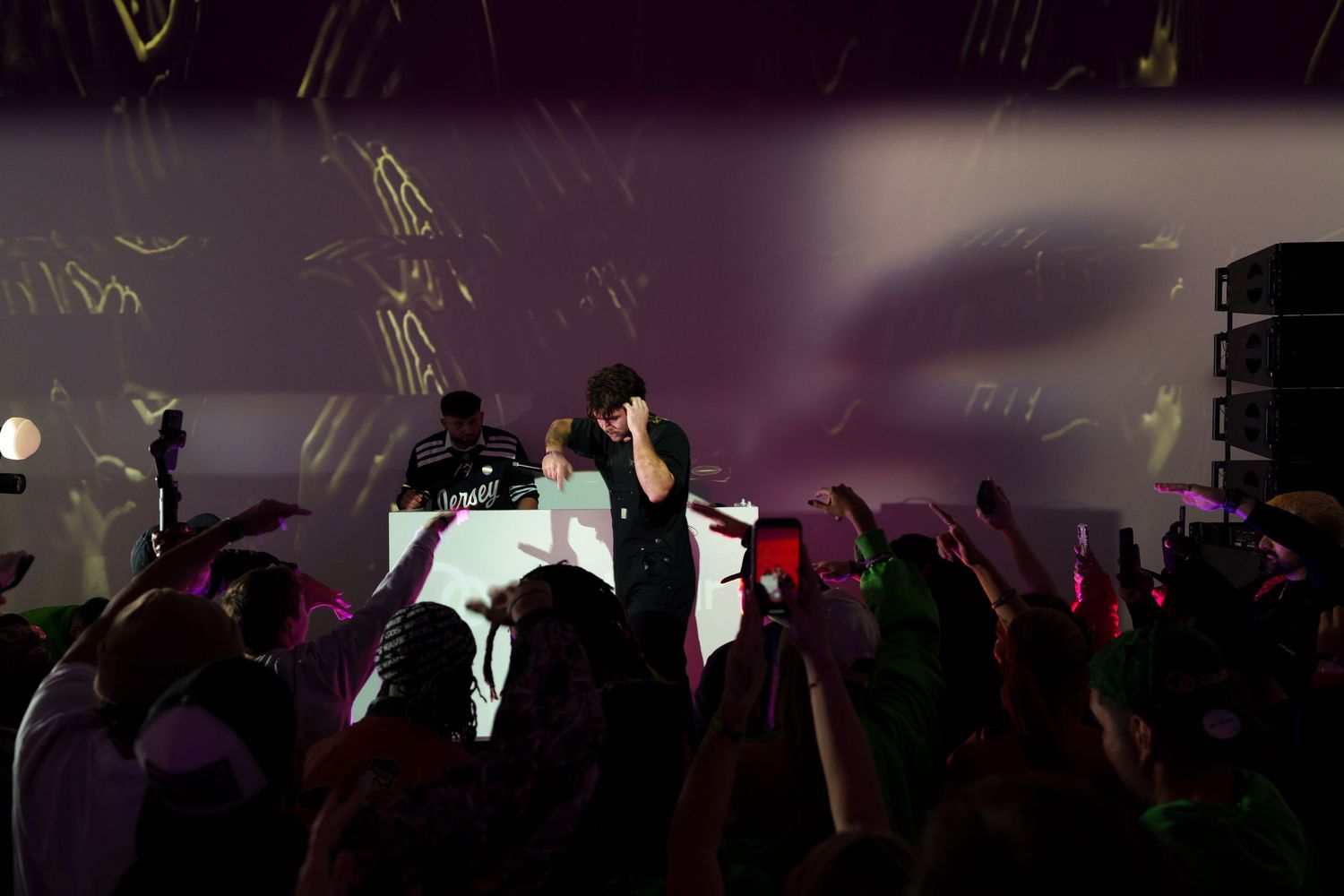 Concert performer on stage with animated projections and crowd silhouettes in purple lighting.