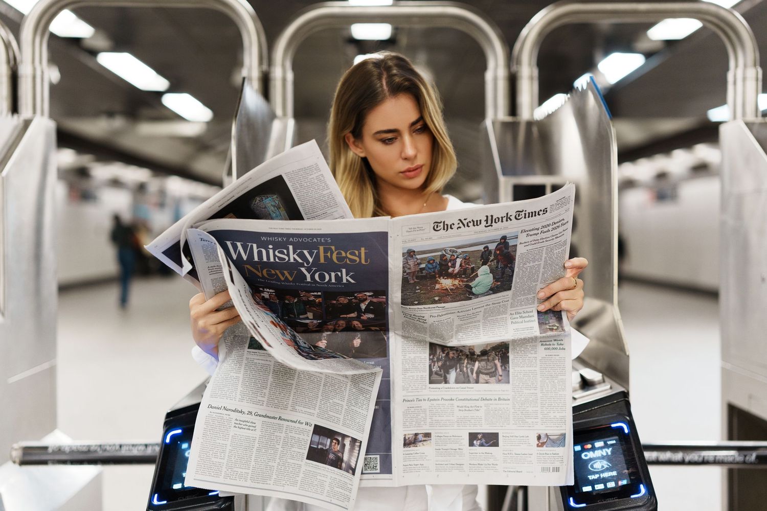 Person in business attire reads a newspaper while standing in an office hallway with modern lighting.