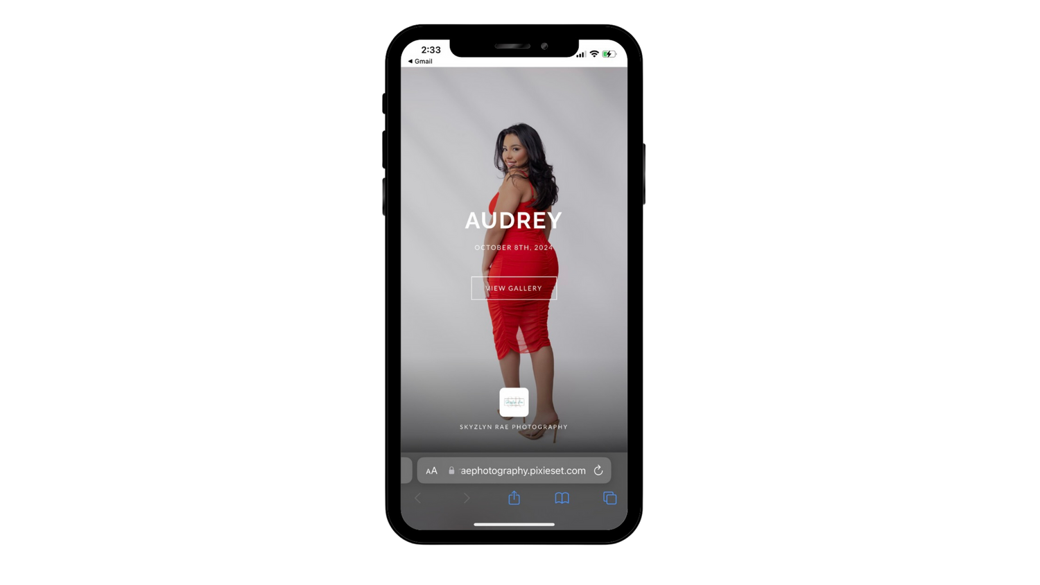 Mobile device displaying stylish portrait photography against dark background.