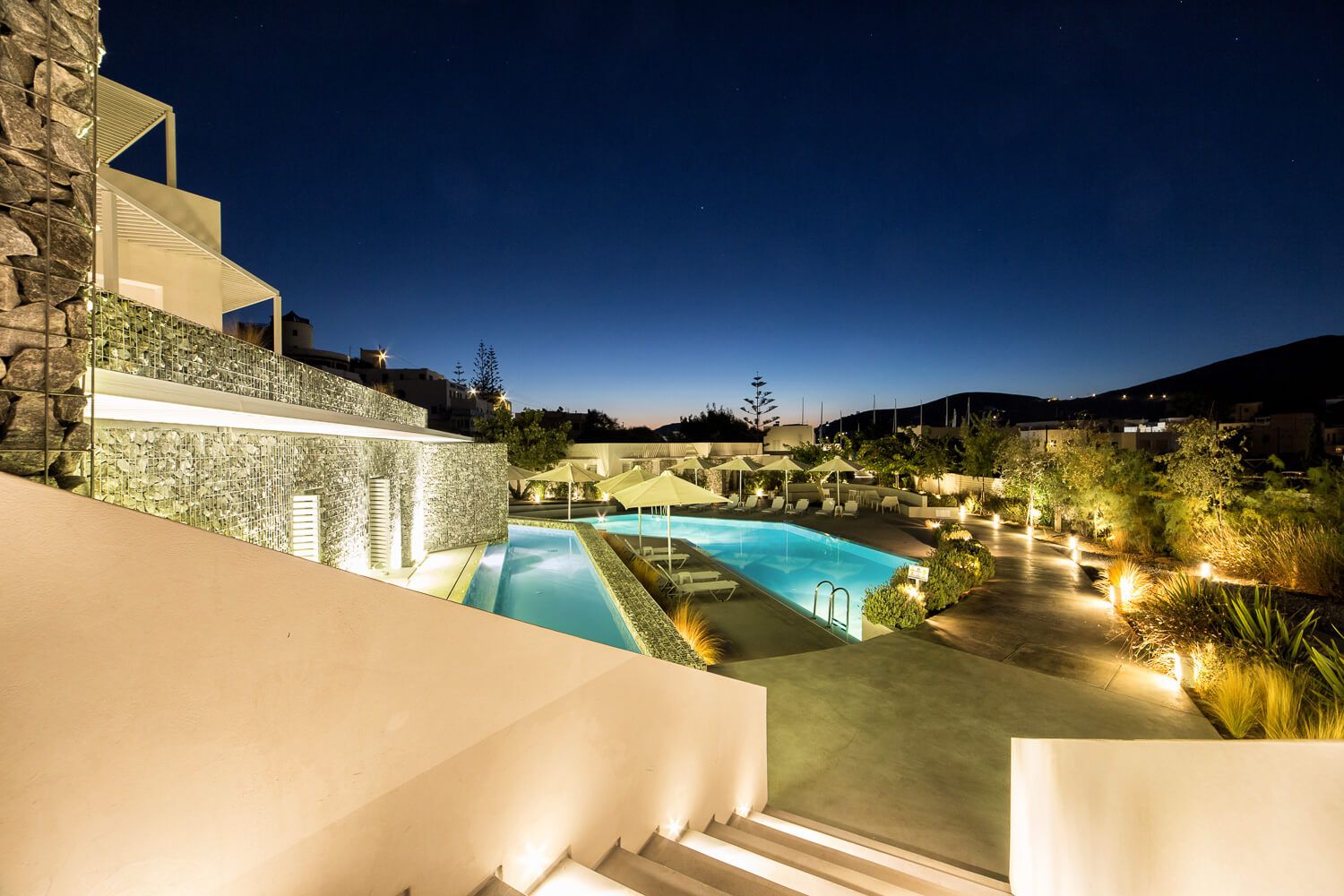 Night architectural photography of Relux Ios Hotel exterior