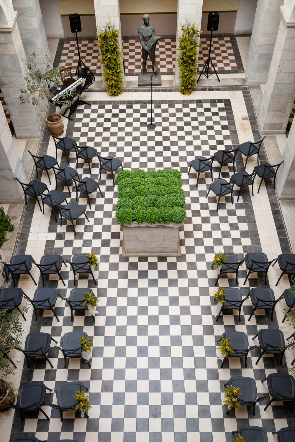 Beautiful patio of the town hall decorated for a destination wedding