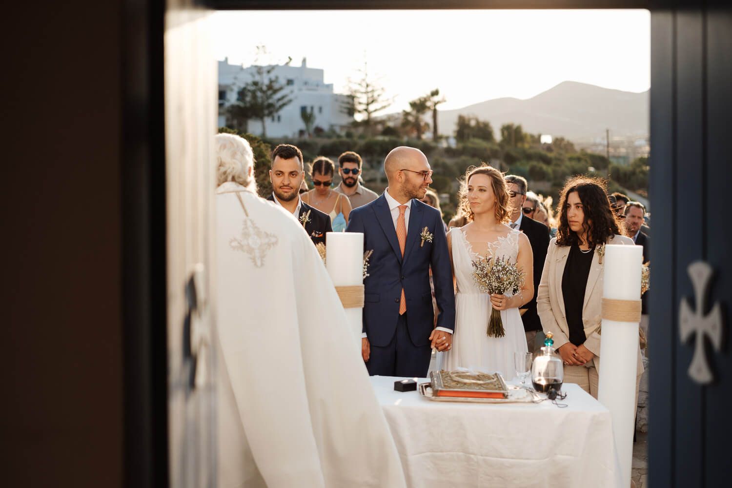 Bride and groom sharing a happy smile during their Paros wedding