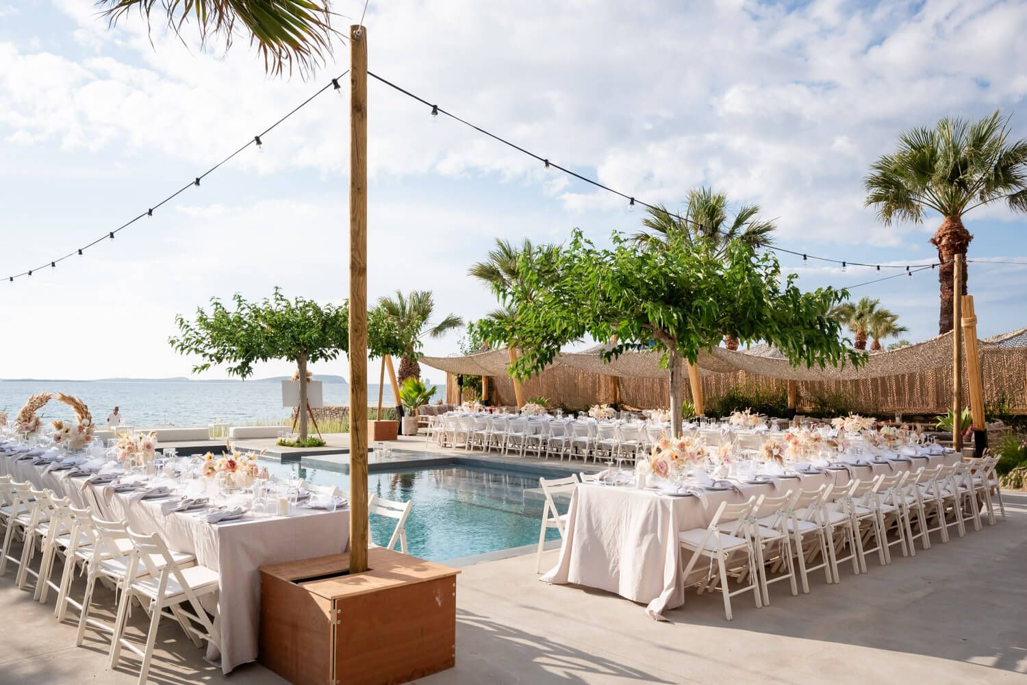 Panoramic view of the wedding reception area at Seesoo venue Paros