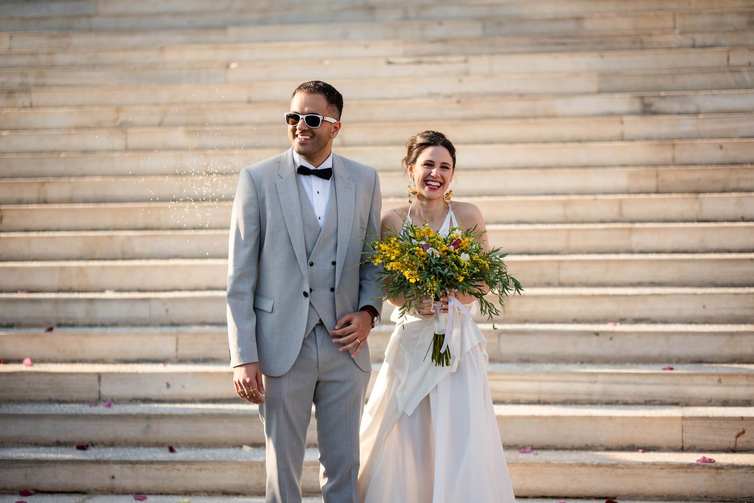 Happy newlyweds smiling after their Town Hall wedding in Syros