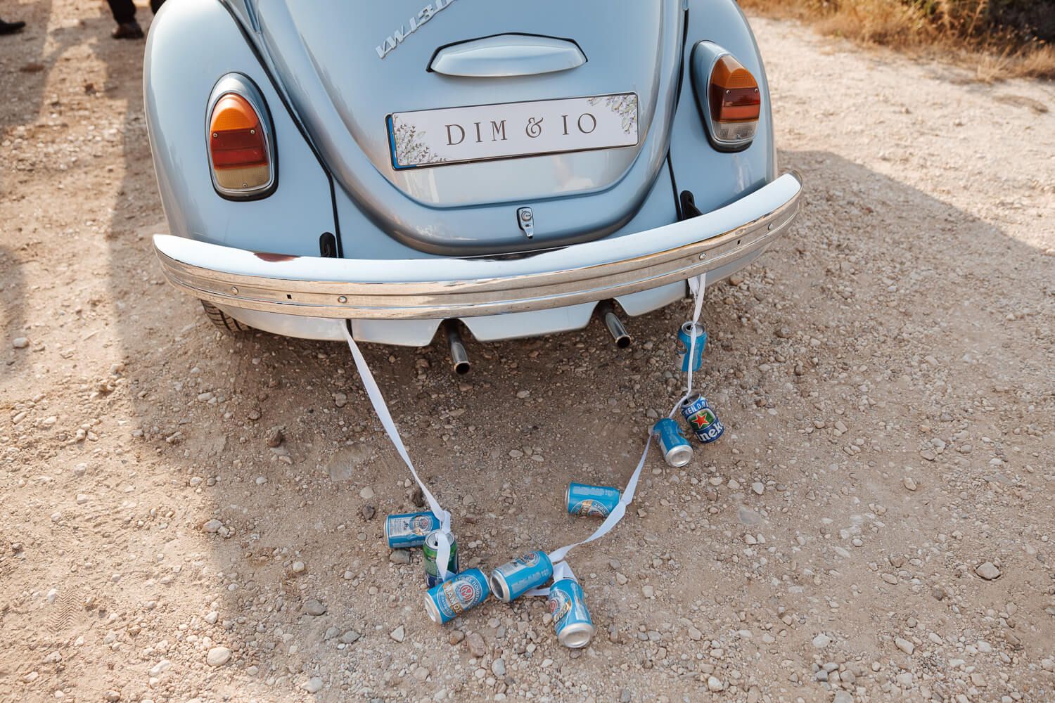 Vintage Beetle waiting for the newlyweds outside Pyrgaki chapel