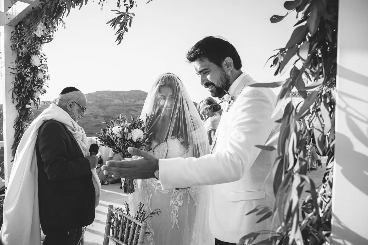 Wedding ceremony under the Chuppah with Aegean sea view in Paros