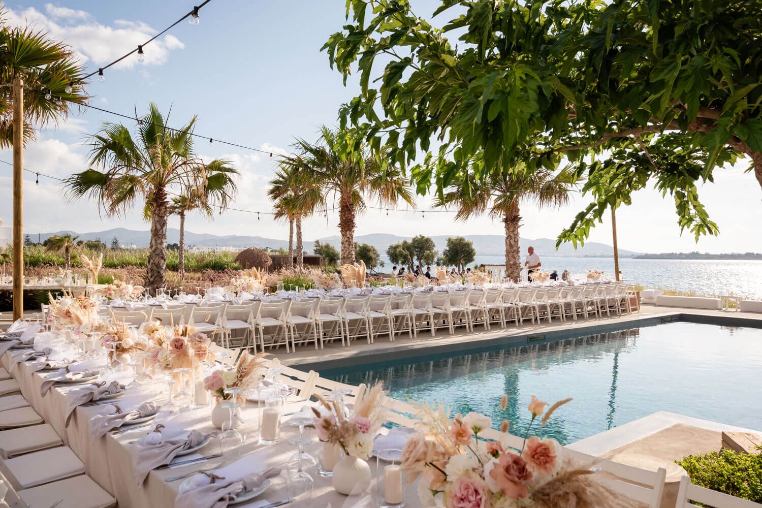 Luxury seaside wedding setup at Seesoo Paros for Stephanie and Khalil