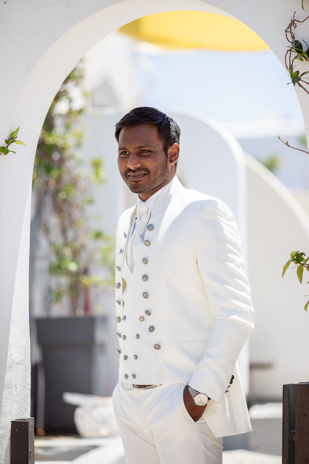 Groom looking relaxed before his wedding ceremony at Pyrgaki hotel