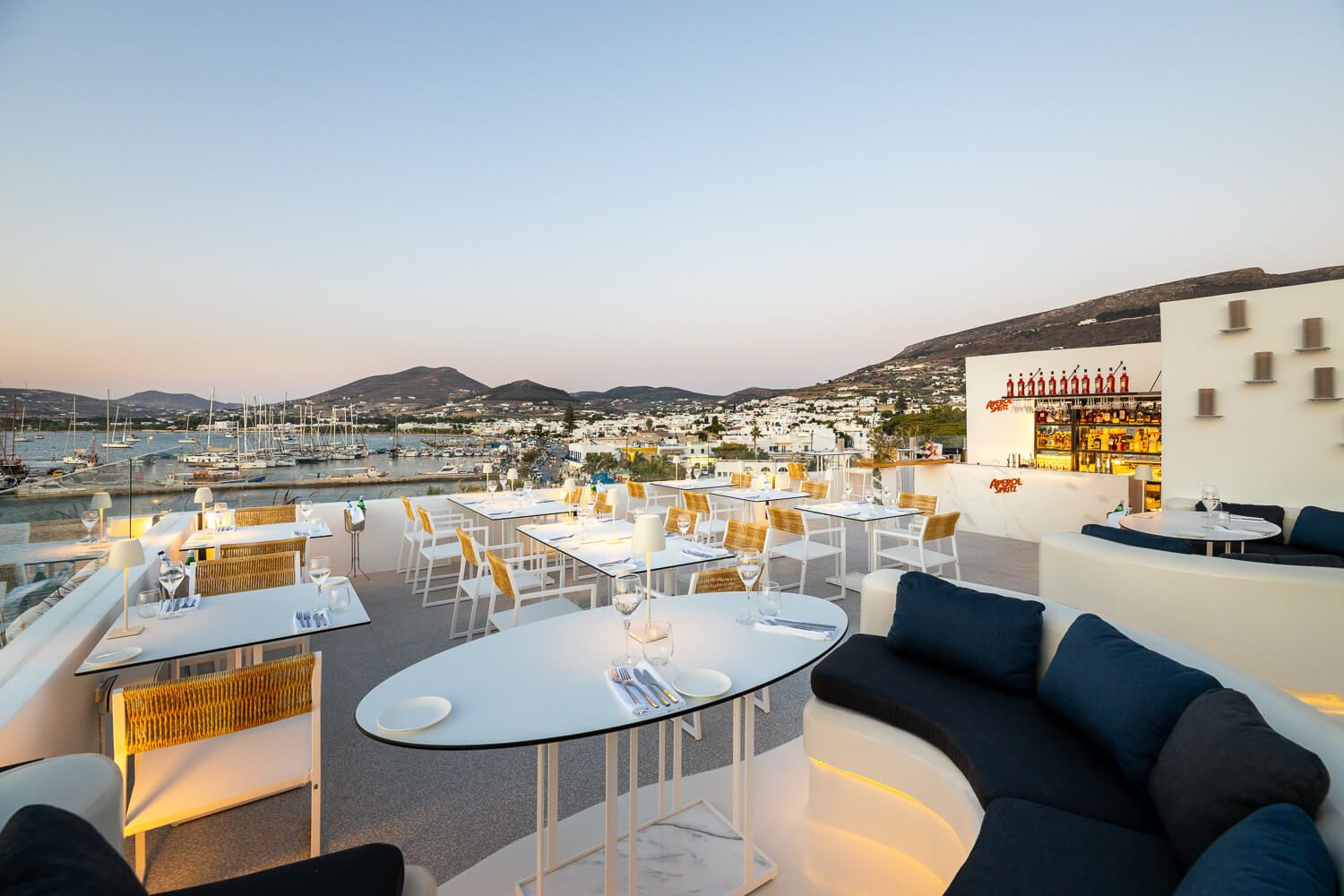 Golden hour rays warming the elegant restaurant exterior
