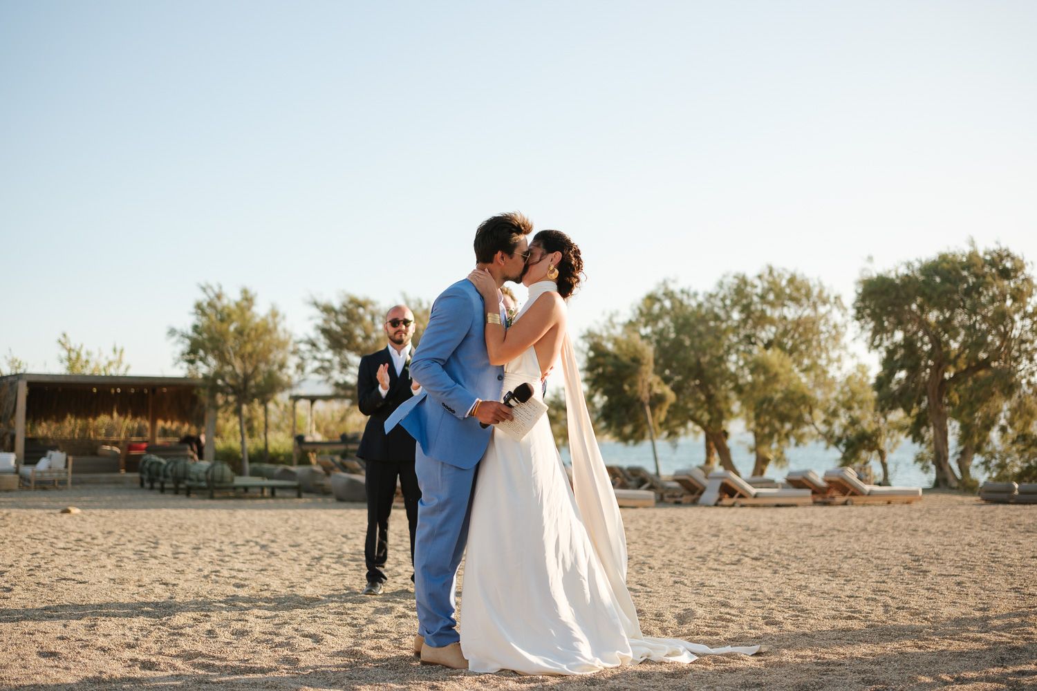 Unposed moments of bride and groom in the Cyclades