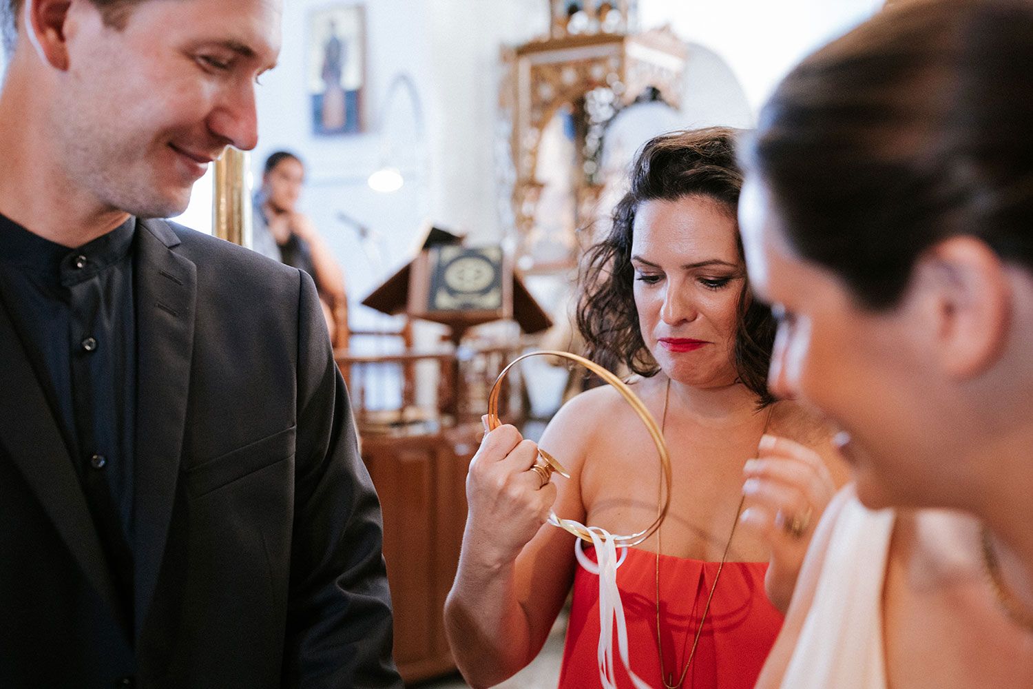 Emotional moments during the wedding exchange of crowns in Amorgos