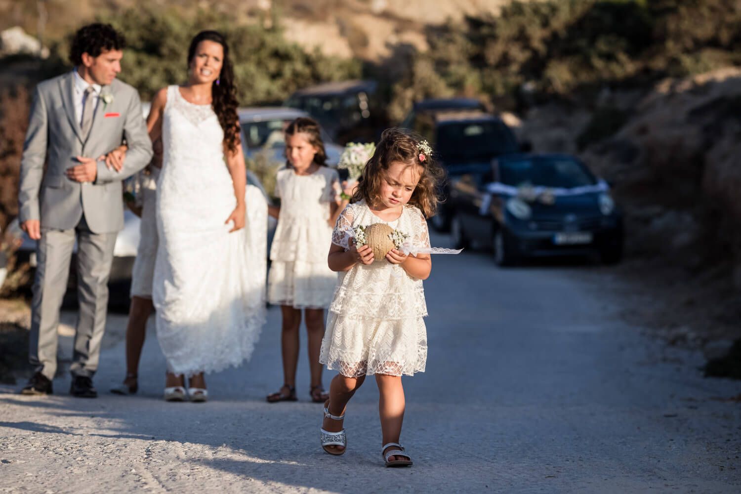 Bride arriving at church in Milos Greece