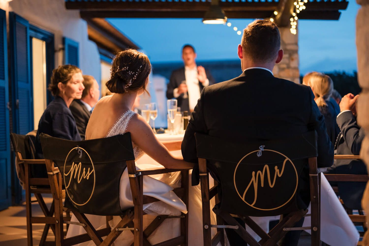 Emotional wedding speeches under the stars at Villa Lady of Paros