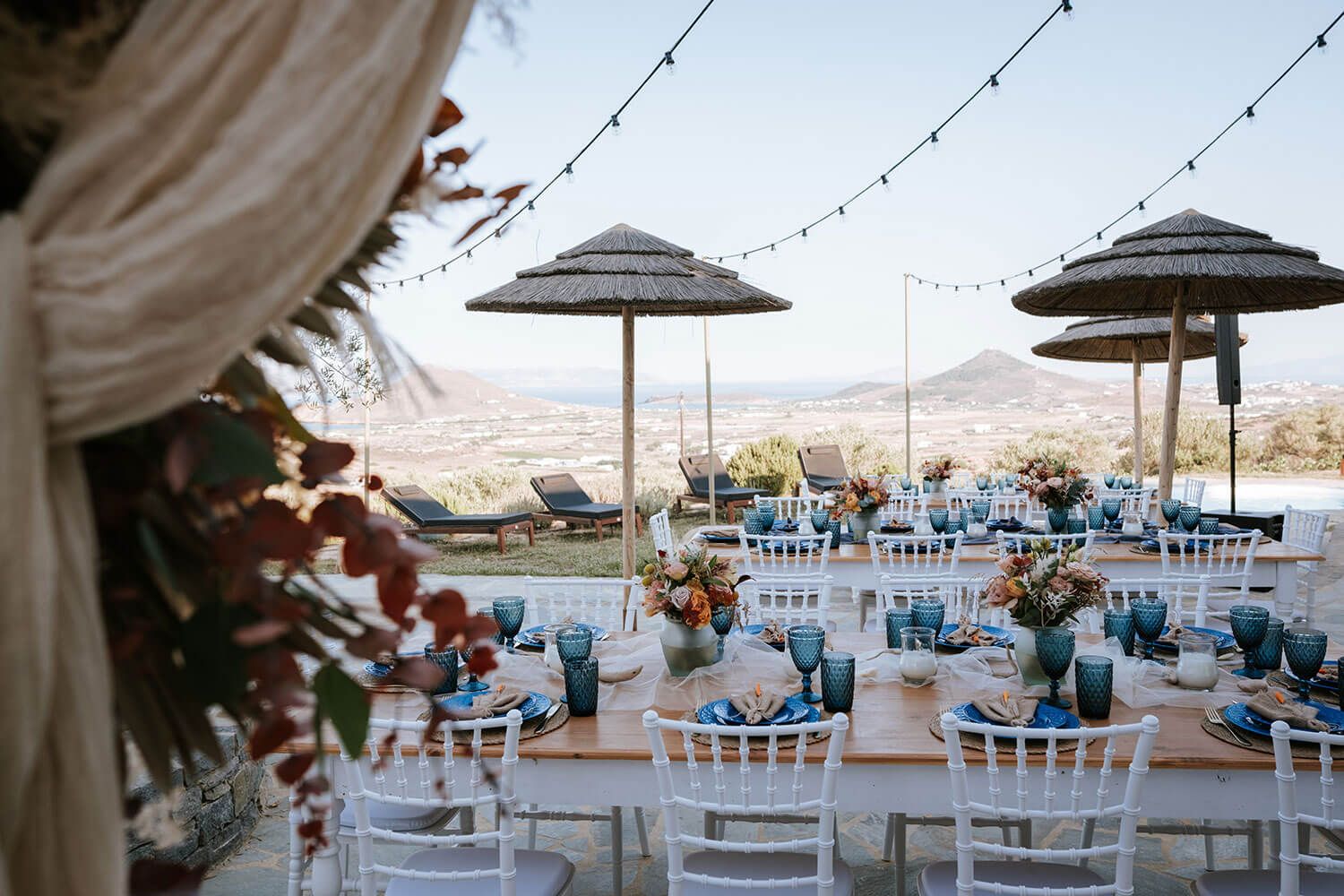 Elegant and carefree boho wedding setup in the Cyclades