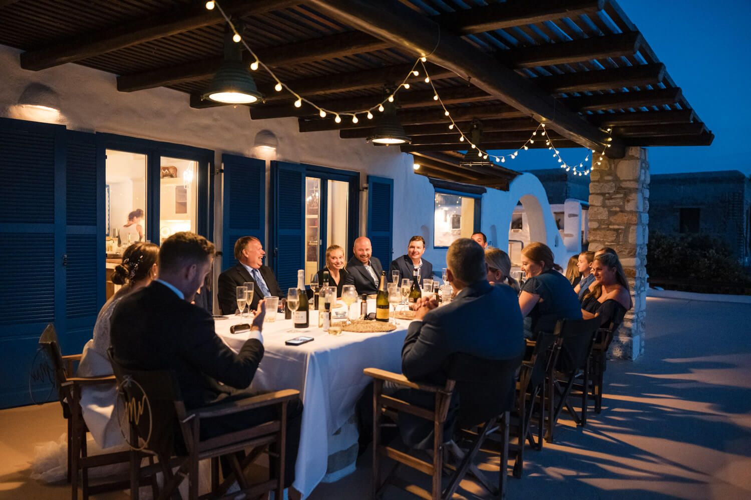 Elegant poolside wedding dinner setup at Villa Lady of Paros