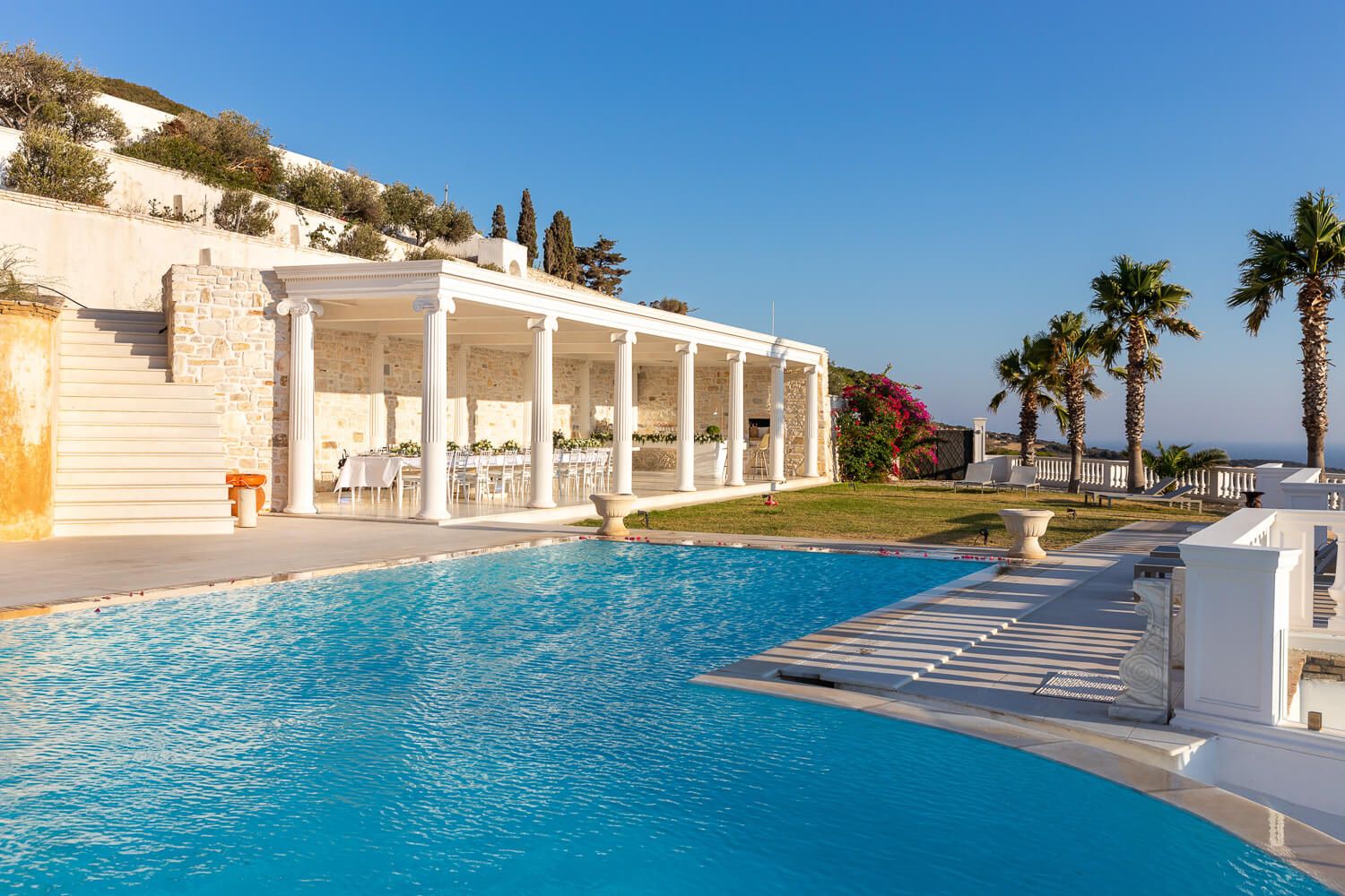 Elegant outdoor wedding reception setup at Villa Aethra Paros