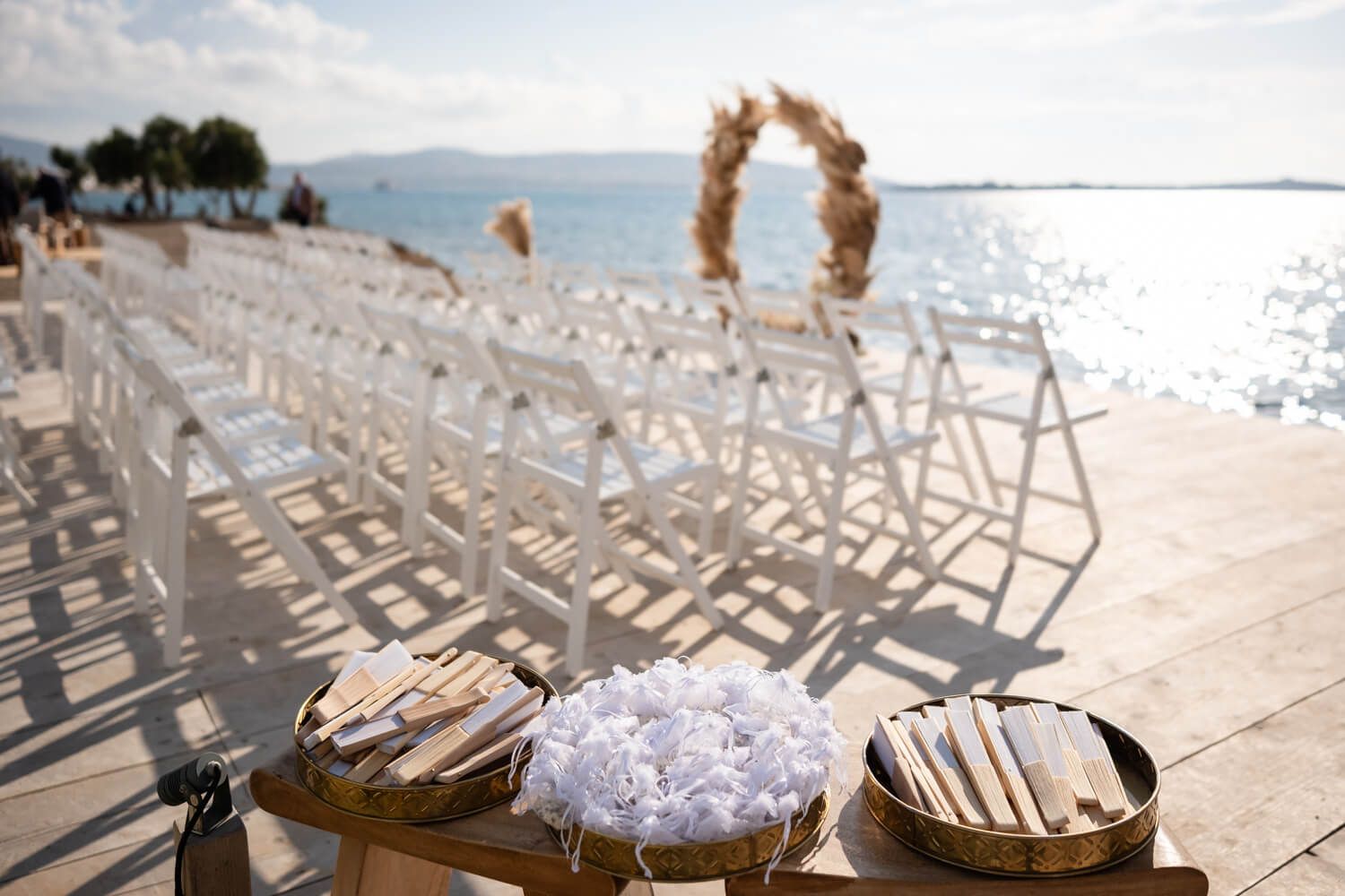 The iconic waterfront wedding setting of Seesoo Paros during golden hour