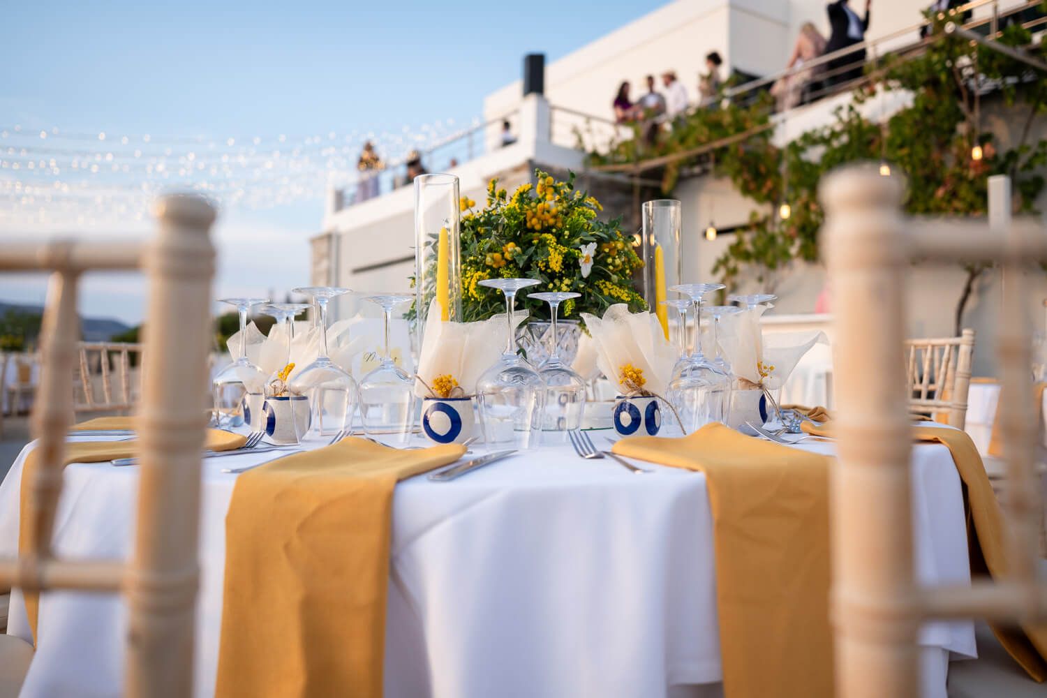 Stunning outdoor wedding reception setup at Villa Komito Syros
