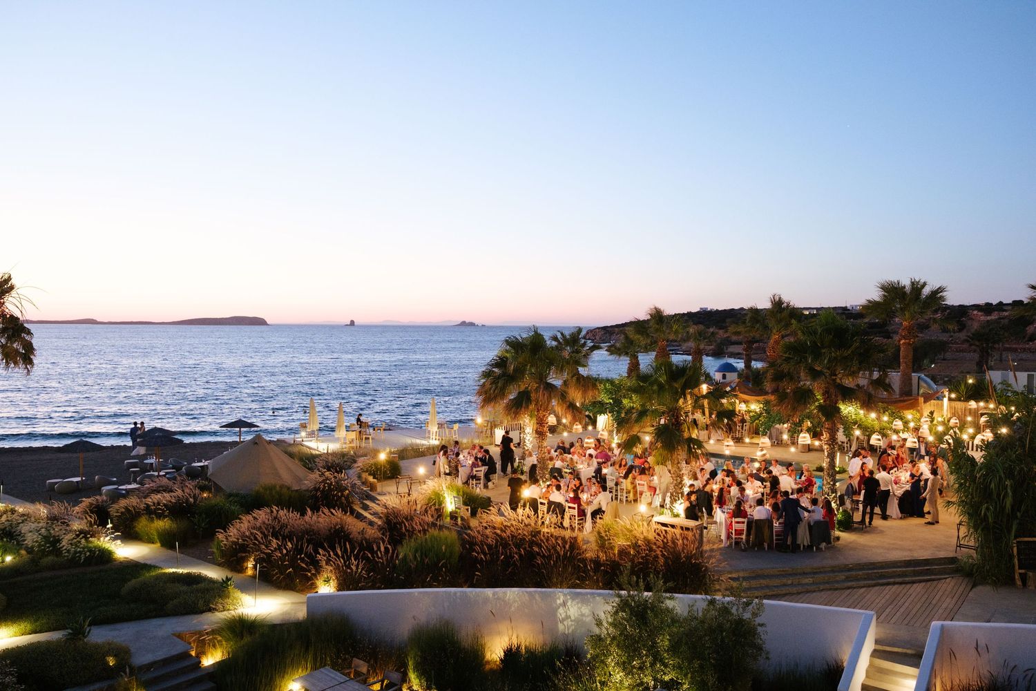 Sunset view of Seesoo Hotel in Paros while hosting a wedding reception, captured by Michael Salis.