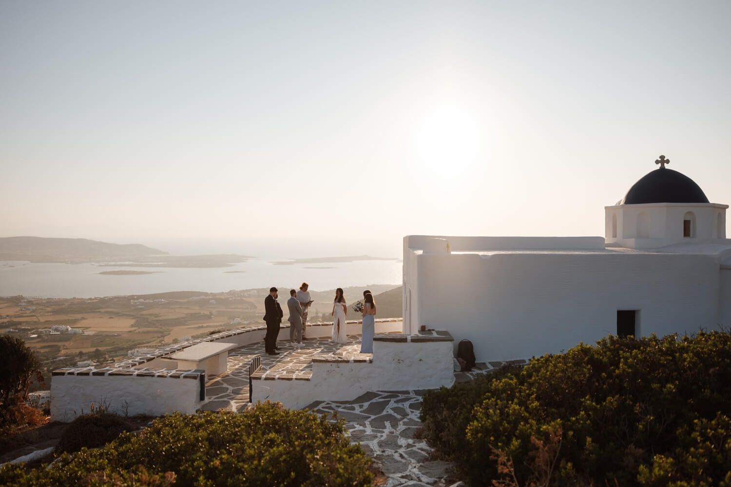 Panoramic view of Antiparos from a Paros wedding chapel during an elopement ceremony.