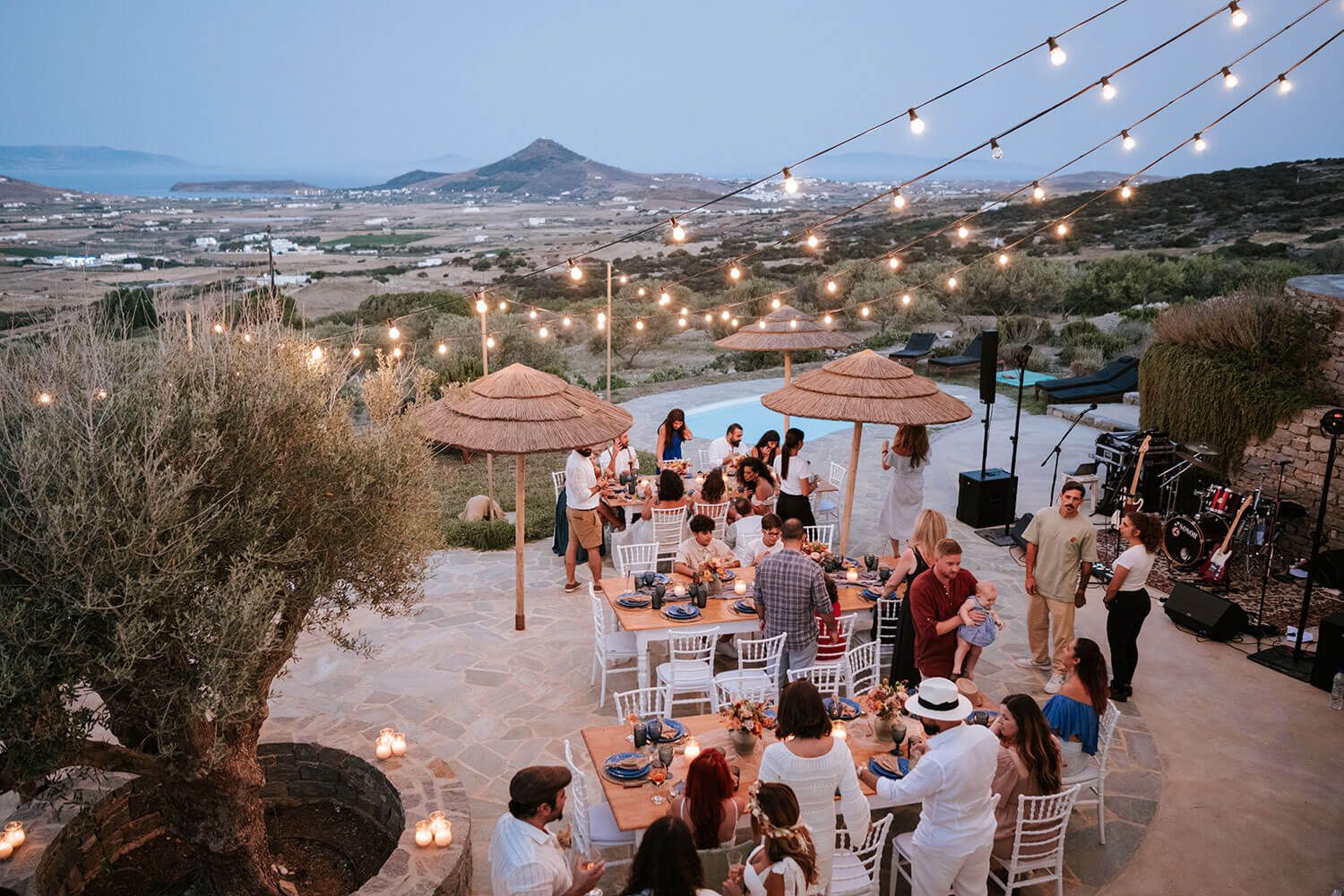 Wedding reception setup at a private villa in Paros Greece