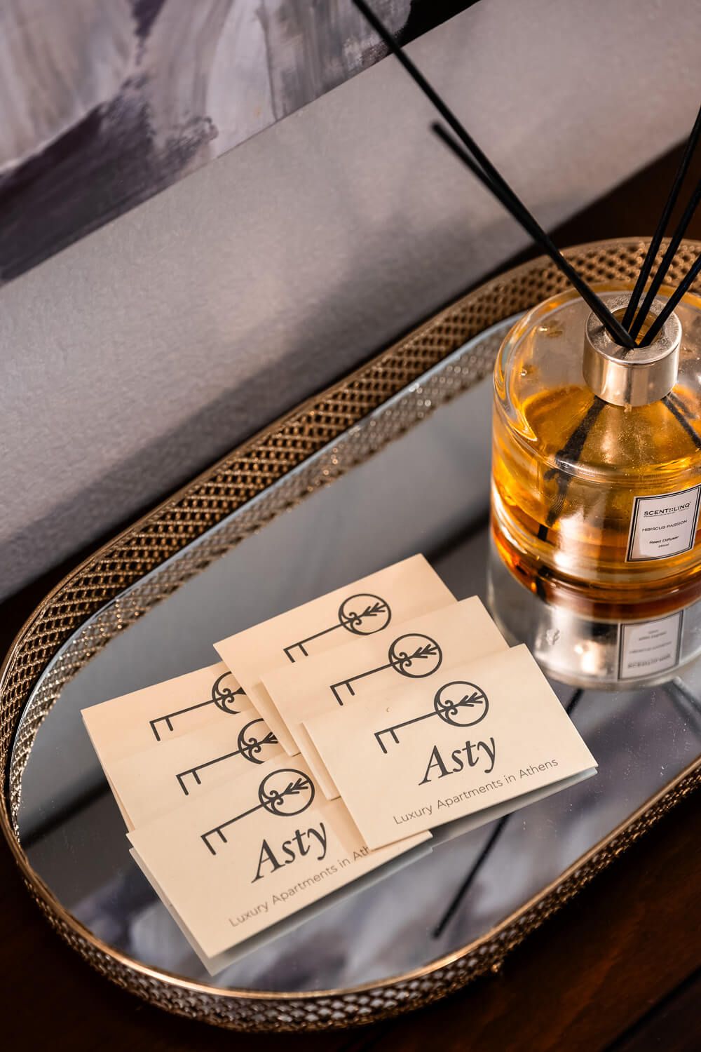 Boutique hotel details  and business cards entrance in the heart of historic Athens