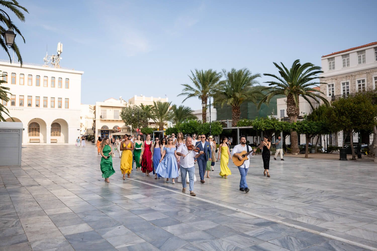 Father walking the bride down the aisle in Syros Greece