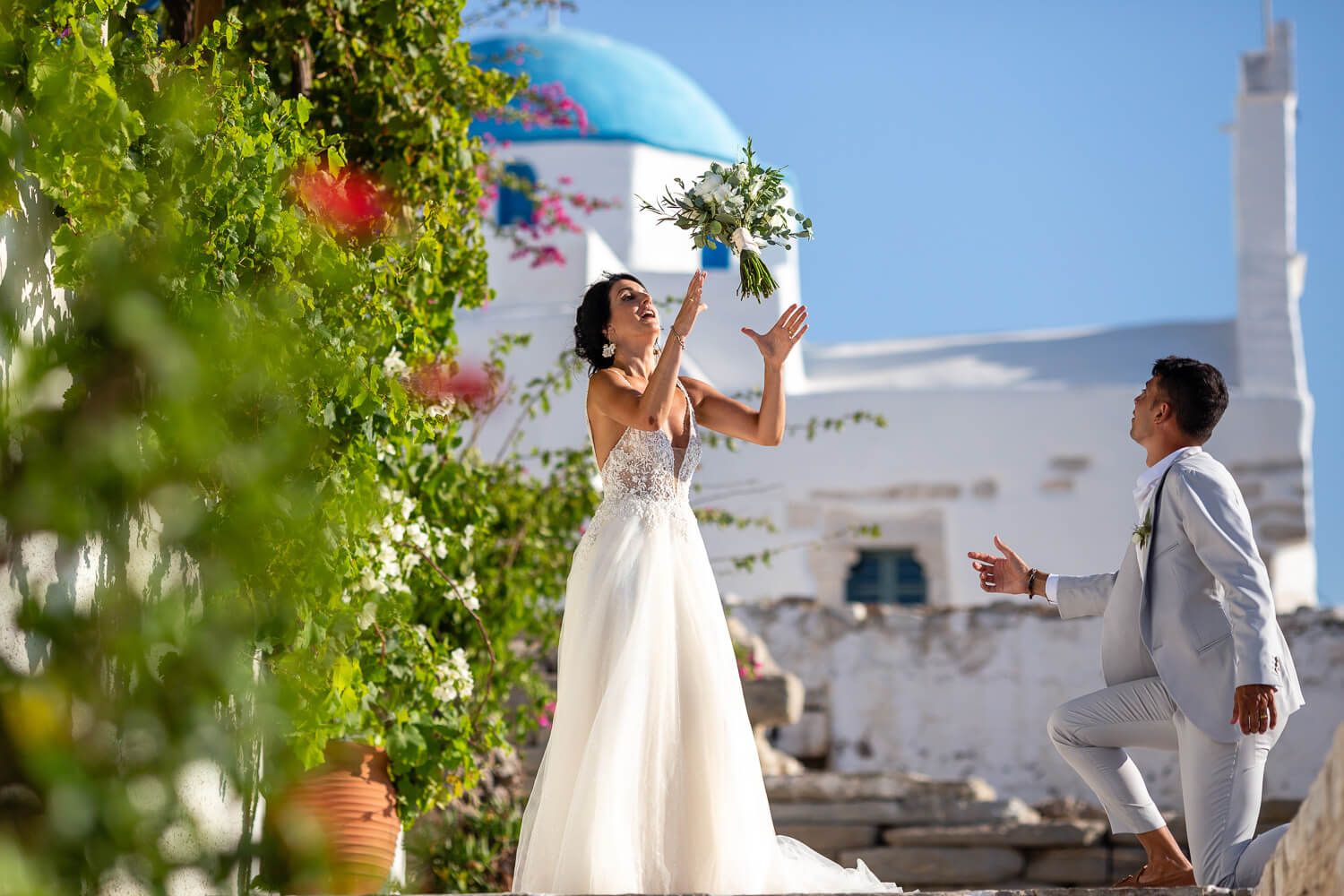Modern wedding photography in the unique architecture of Parikia old town